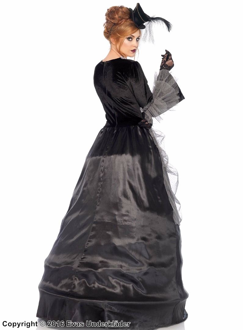 Mina Harker fra Dracula, kostyme-kjole, sateng, volanger, rynket mesh, fløyel